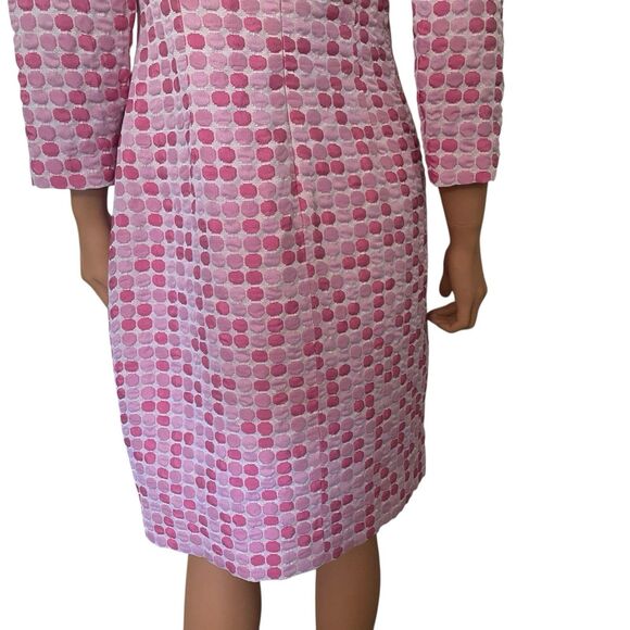 Vtg Thick Poly Mod Floral Pink Shift Dress Poka Dot Pockets Lined Boat Collar 3D - Picture 9 of 16